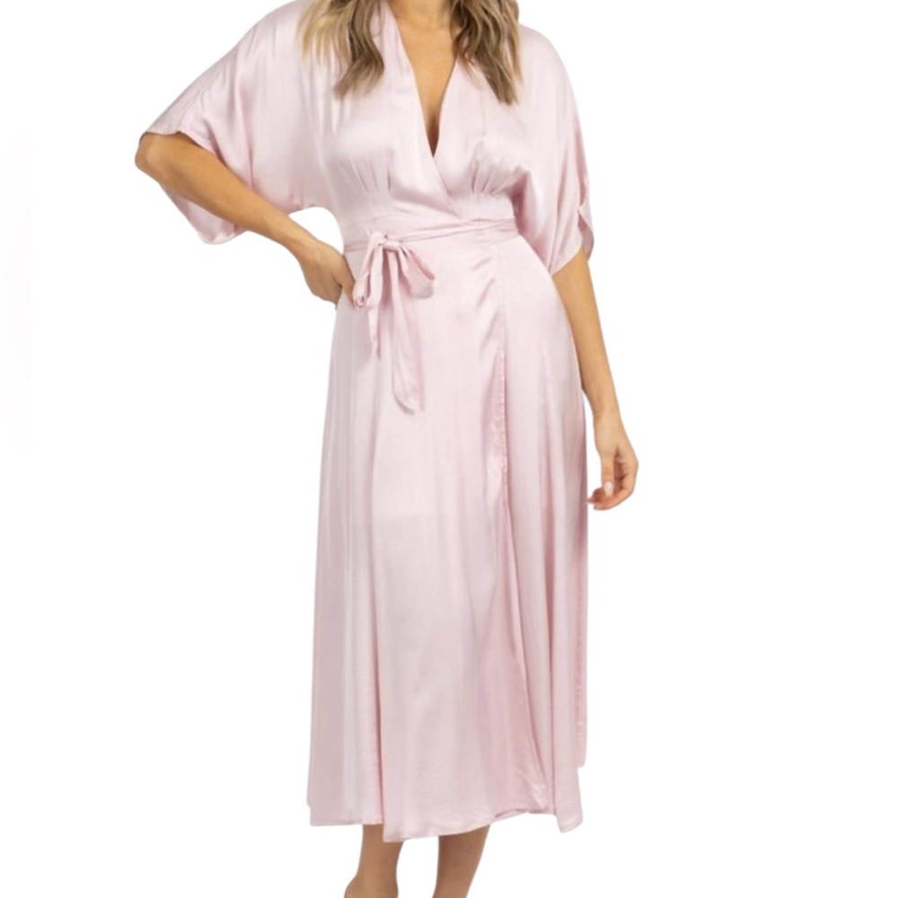 Olivaceous Pink Satin Kimono Sleeve Wrap Midi Dress M